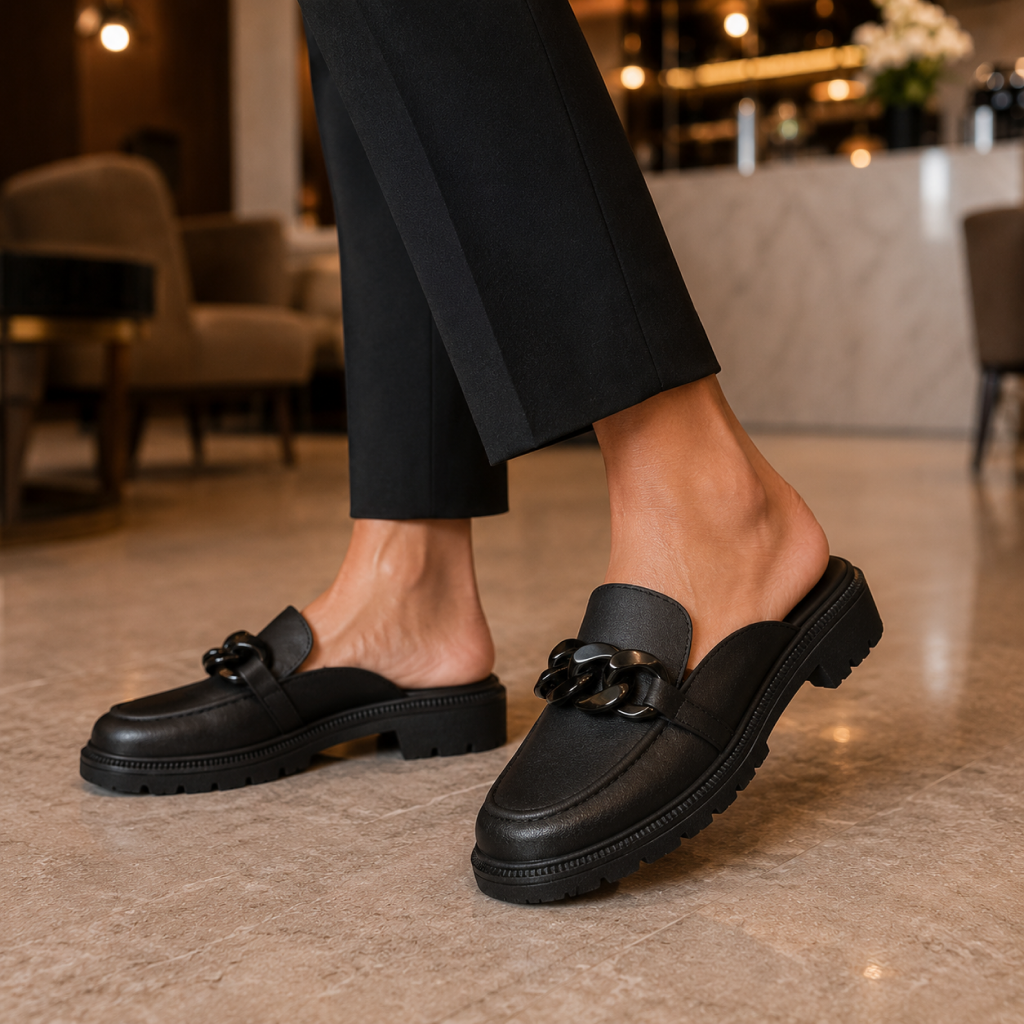Mule Feminino Corrente Tratorado Preto - Modelo Milano