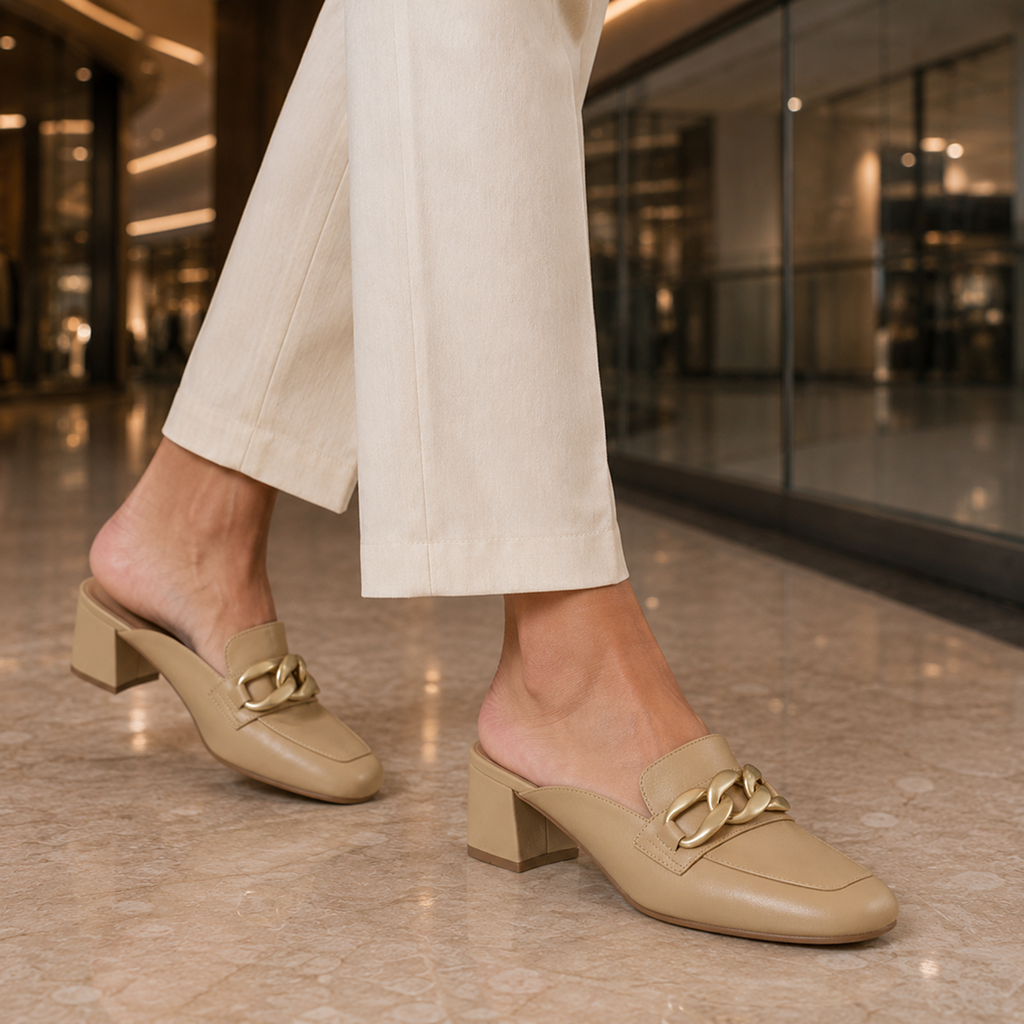 Mule Feminino Salto Baixo Tan - Modelo Verona