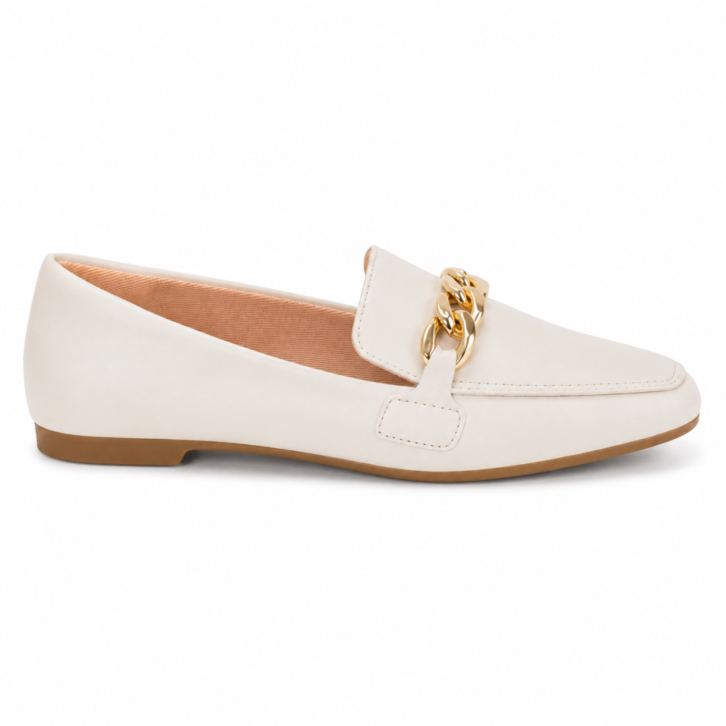 Mocassim Feminino Corrente Dourada Branco - Modelo Mônaco