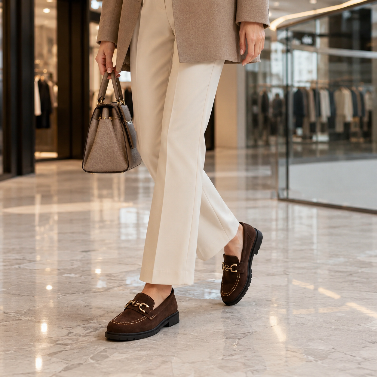 Mocassim Feminino em Camurça com Corrente Dourada – Modelo Como | Estilo Lazzlu